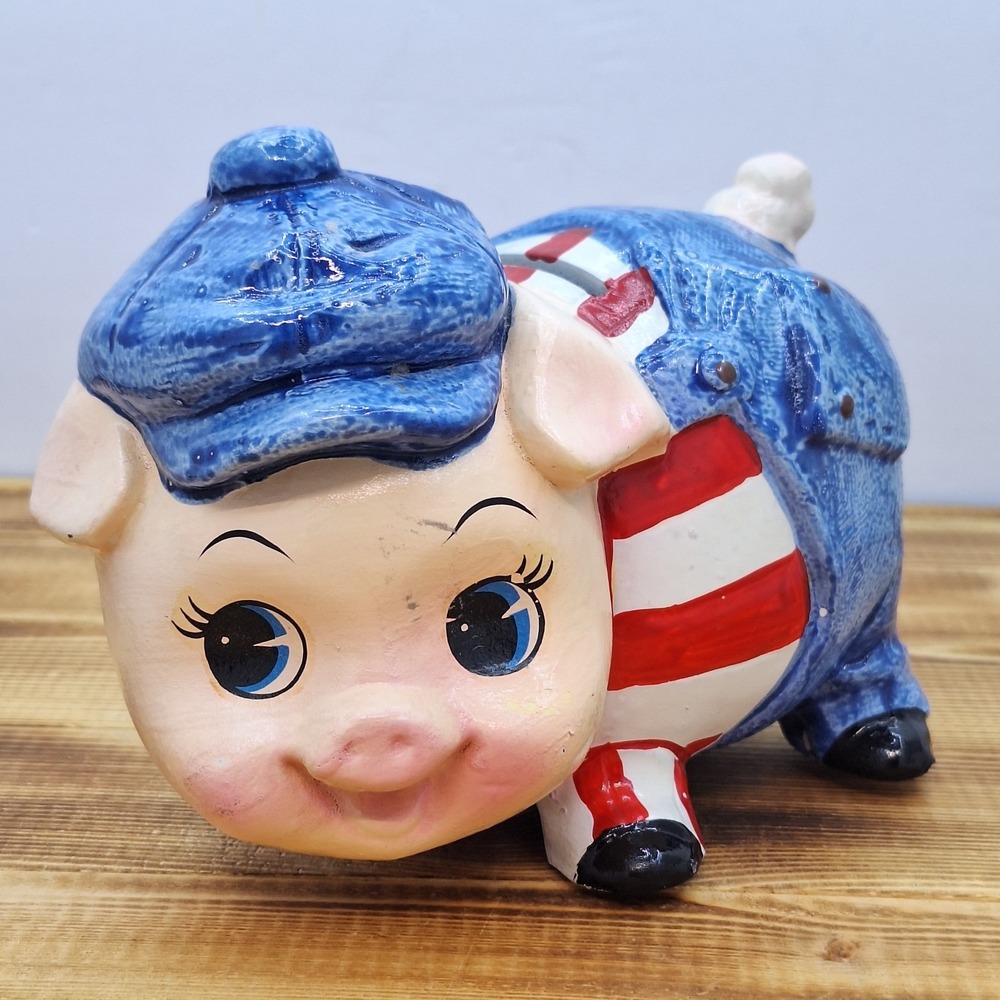 Ceramic Pig Wearing‎ Pinstripes Overalls Coin Piggy Bank Vintage Hand Painted